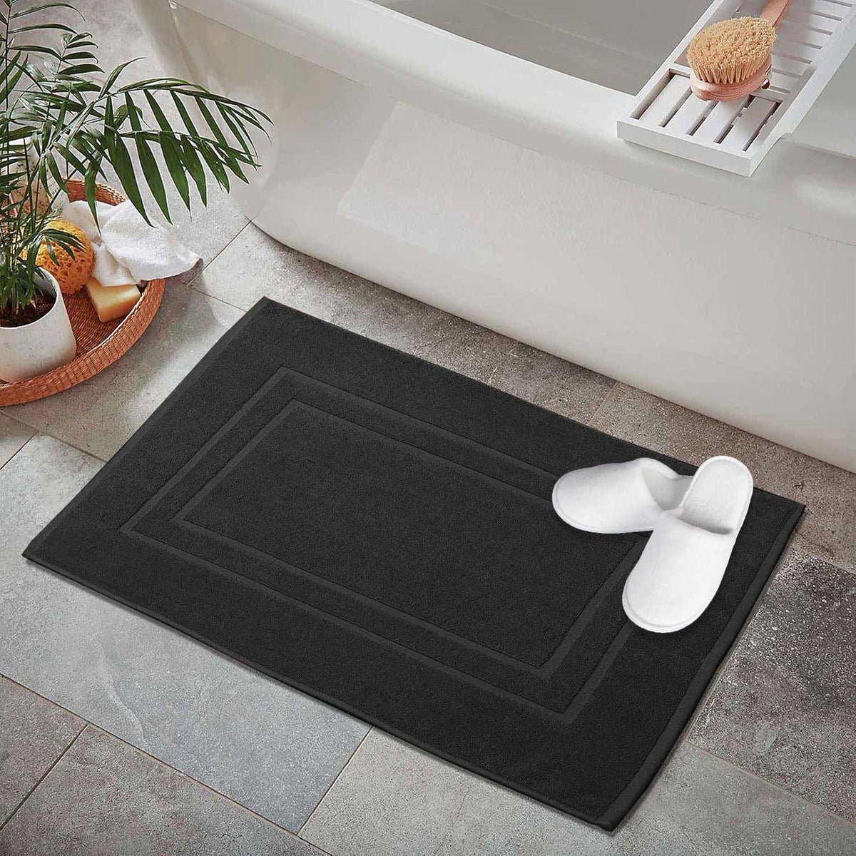 GOLD TEXTILES Premium Black Bath Mat - 2 Pack 22x34 Inches - Not a Bathroom Rug - 100% Ring Spun Cotton - Highly Absorbent & Non Slip Shower Bathroom Floor Mat Towel - Machine Washable