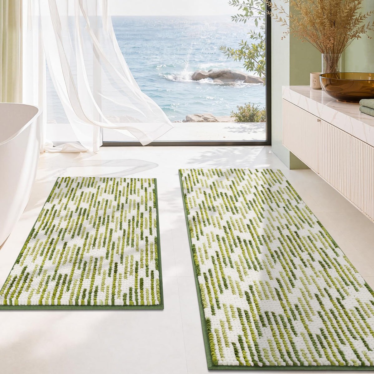 BSICPRO Bathroom Rugs Sets 2 Piece, Non Slip Striped Bath Mats, Aqua Green