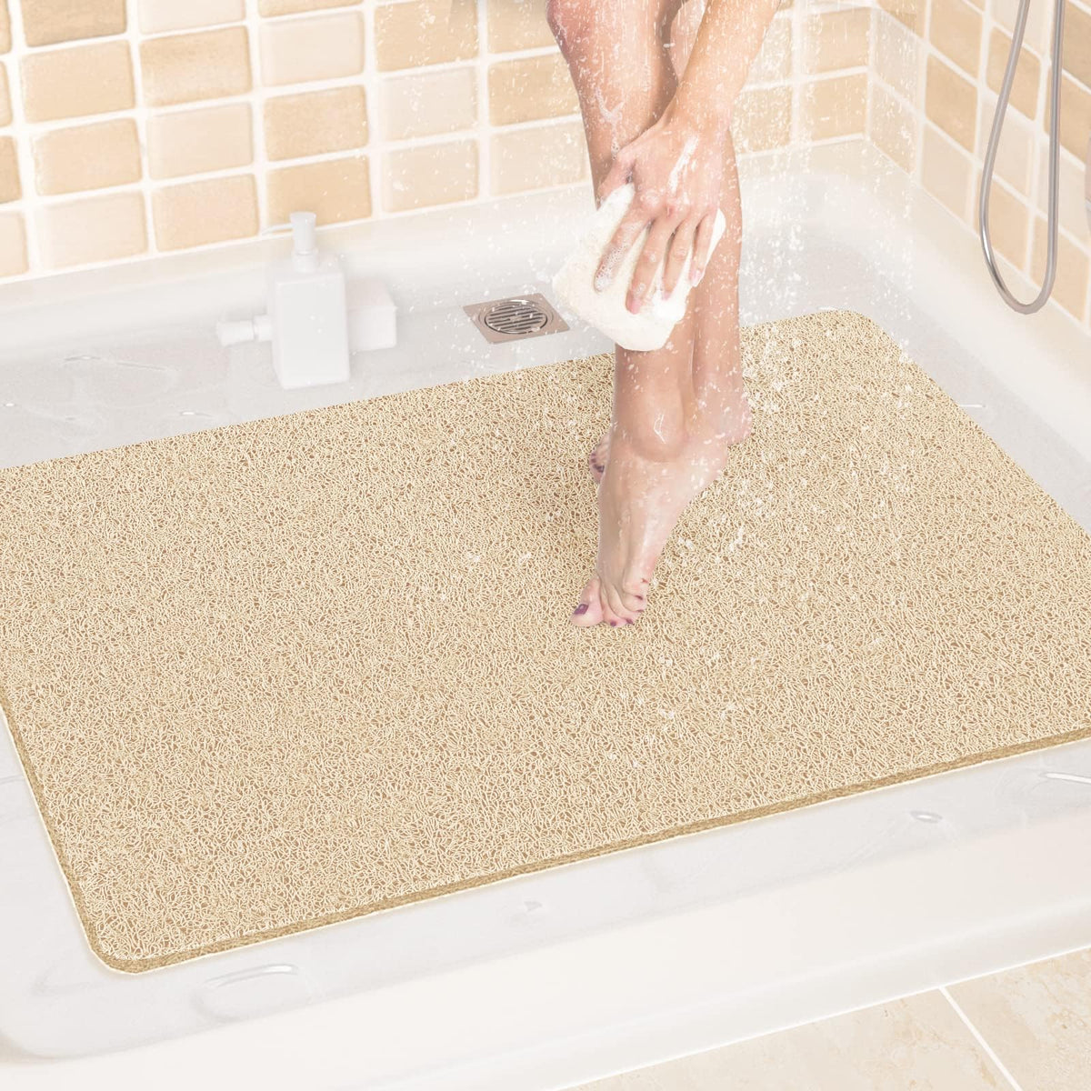 LuxStep Shower Mat Bathtub Mat,24x16 inch, Non-Slip Bath Mat with Drain, Quick Drying PVC Loofah Bathmat for Tub,Shower,Bathroom (Phthalate Free,Grey)