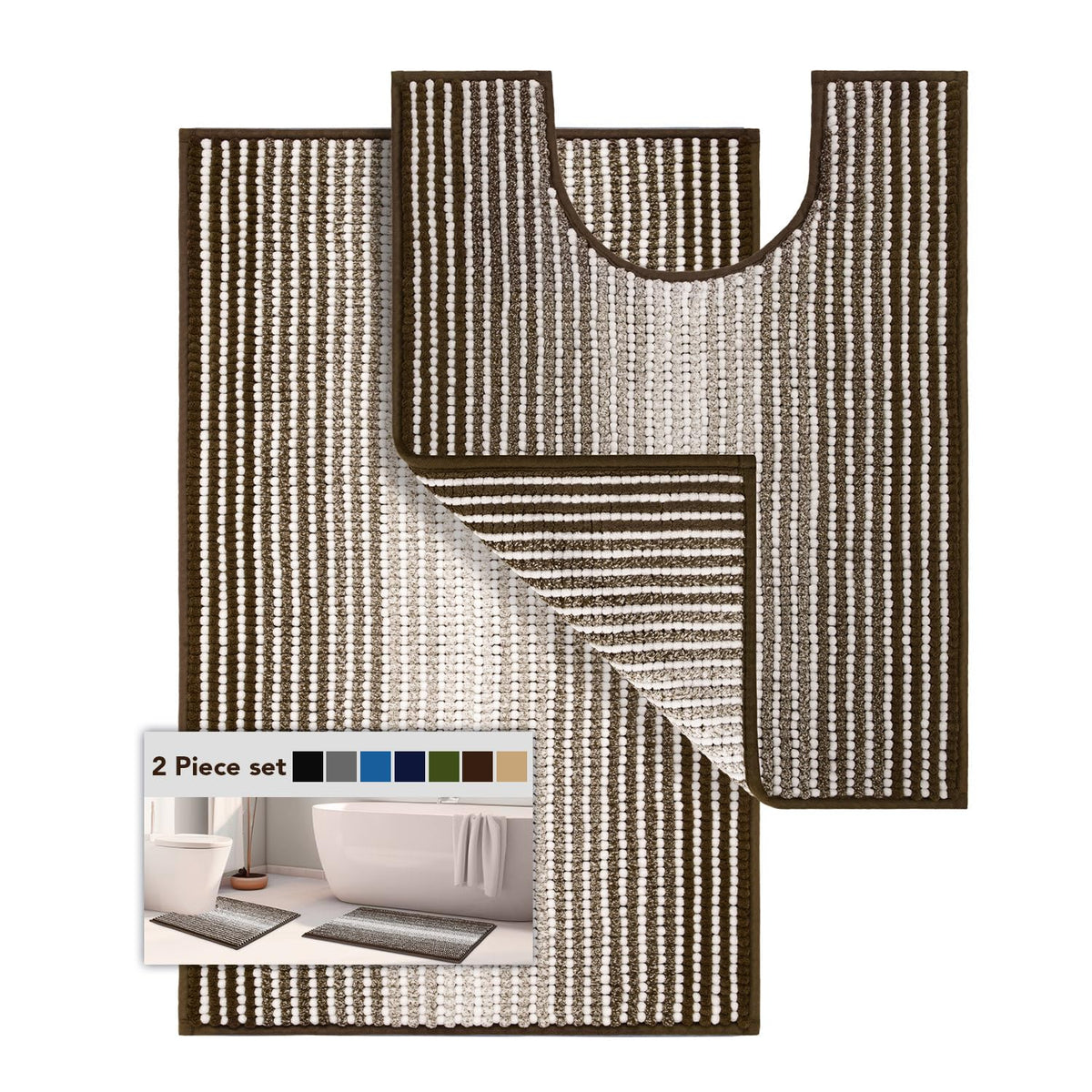 BSICPRO Bathroom Rugs Sets 2 Piece, Non Slip Striped Bath Mats, Aqua Green