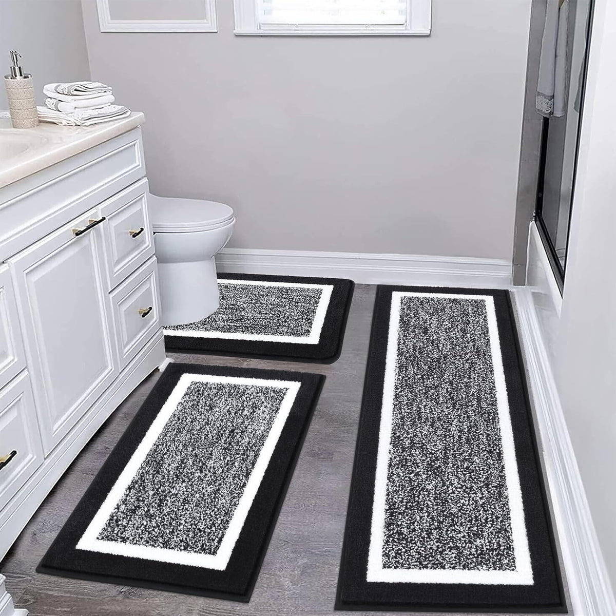 Pauwer Bathroom Rug Sets 3 Piece, Non Slip Washable Bath Mat, Black