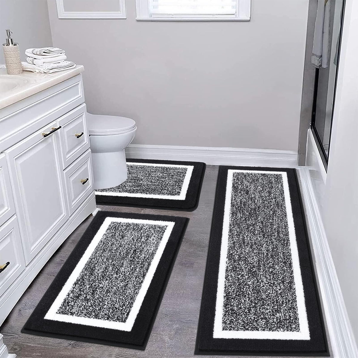 Pauwer Bathroom Rug Sets 3 Piece, Non Slip Washable Bath Mat, Black