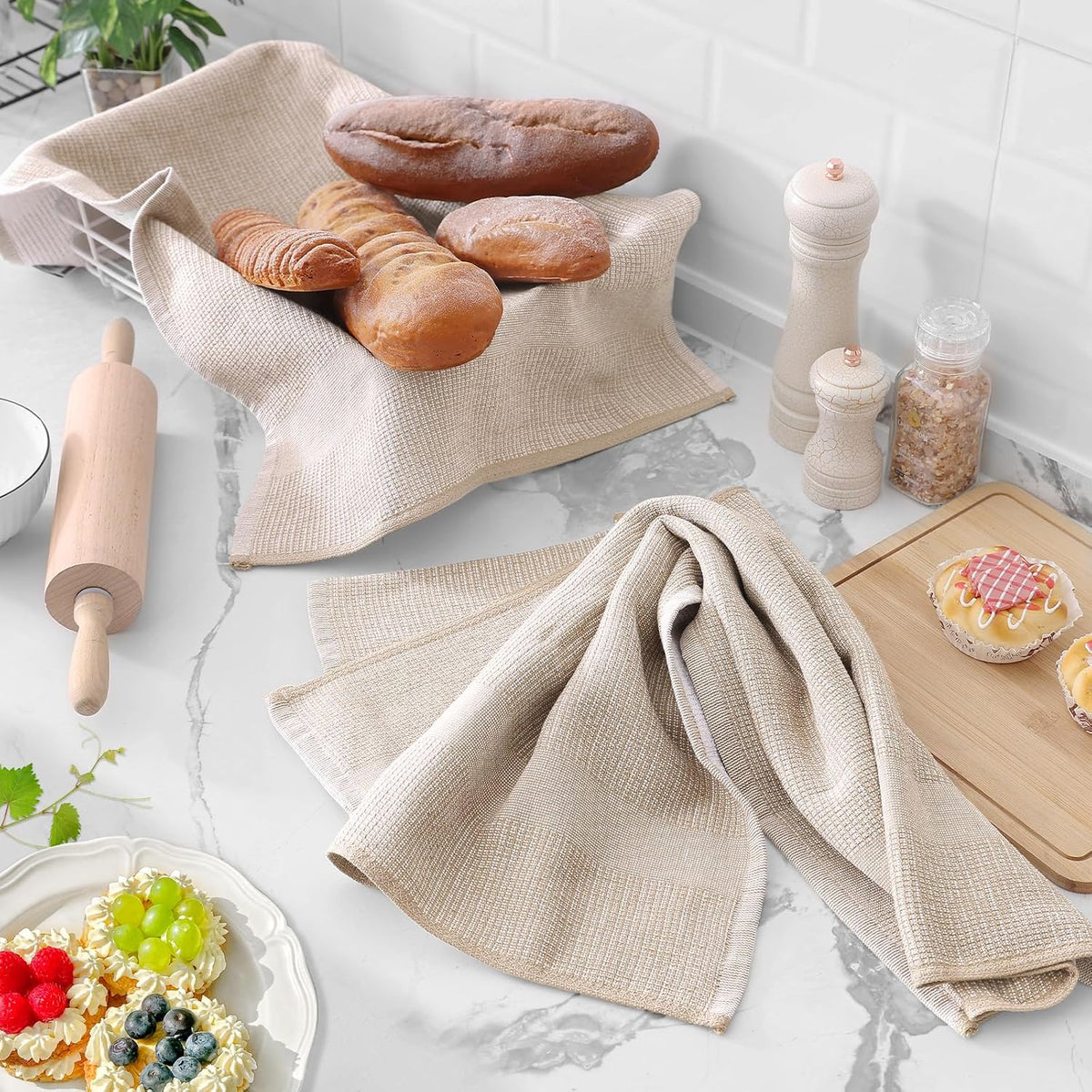 Homaxy 380 GSM Cotton Premium Kitchen Towels 6 Pack, 18"x 28", Khaki