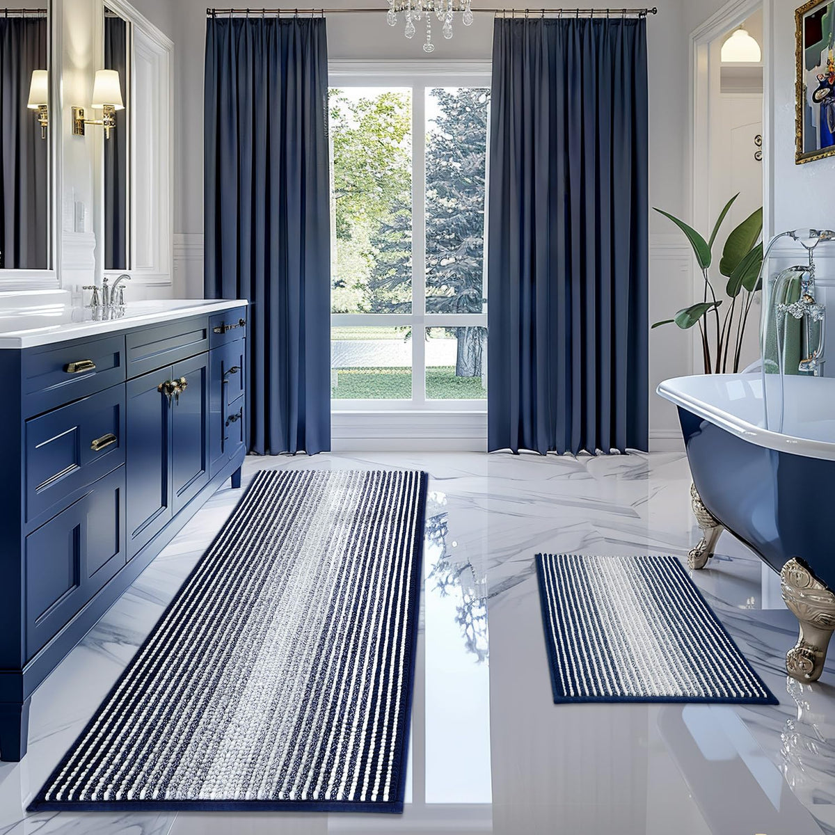 BSICPRO Bathroom Rugs Sets 2 Piece, Non Slip Striped Bath Mats, Aqua Green