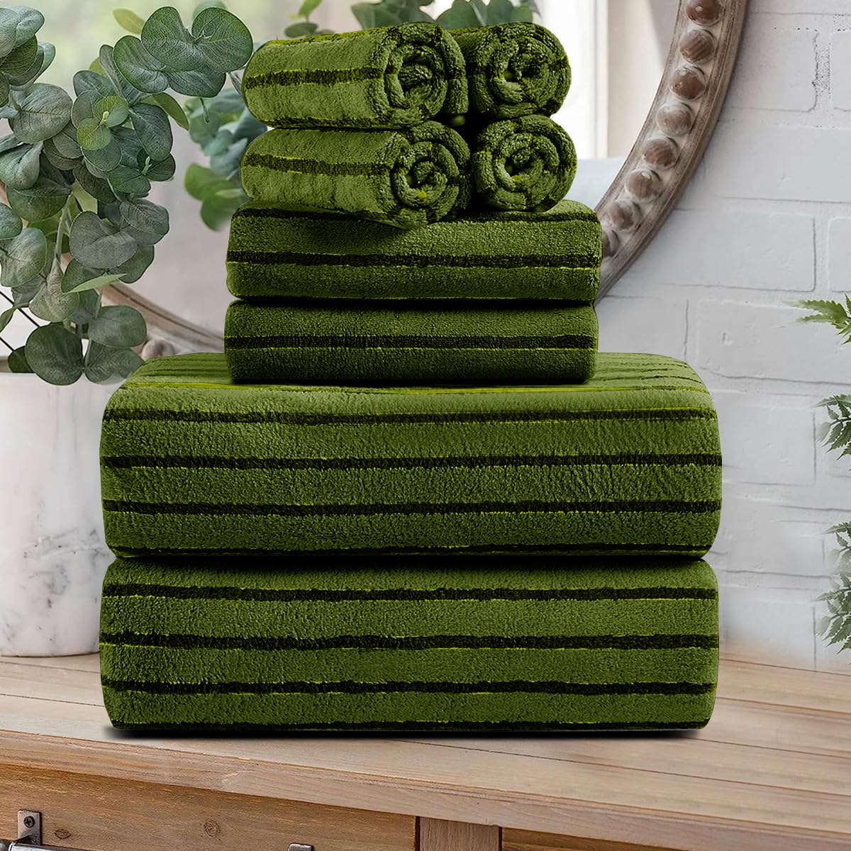 8 Pcs Brown Cabana Stripe Large Bath Towel Set-2 Bathroom Towels,2 Hand Towels,4 Washcloths Lightweight Soft Microfiber Bath Sheet Absorbent Shower Towel Quick Dry Beach Chair Spa Gym Hotel Towels