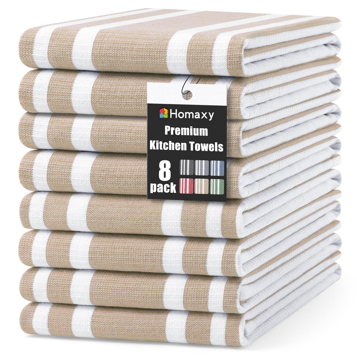 Homaxy 380 GSM Cotton Premium Kitchen Towels 6 Pack, 18"x 28", Khaki