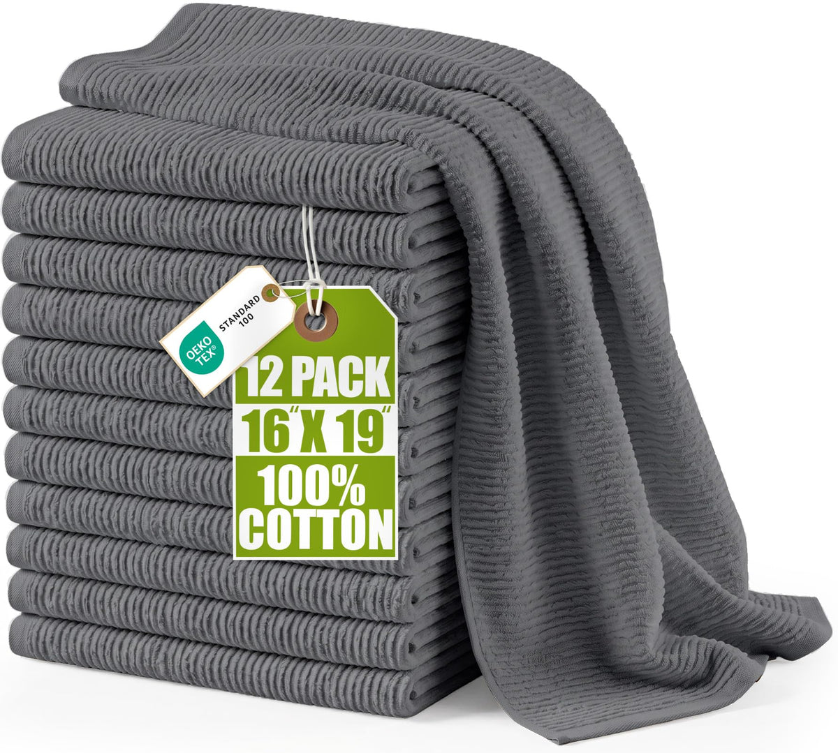 Utopia Towels Ribbed Kitchen Bar Mops, 12 Pack, 16x19 in, Cotton, White