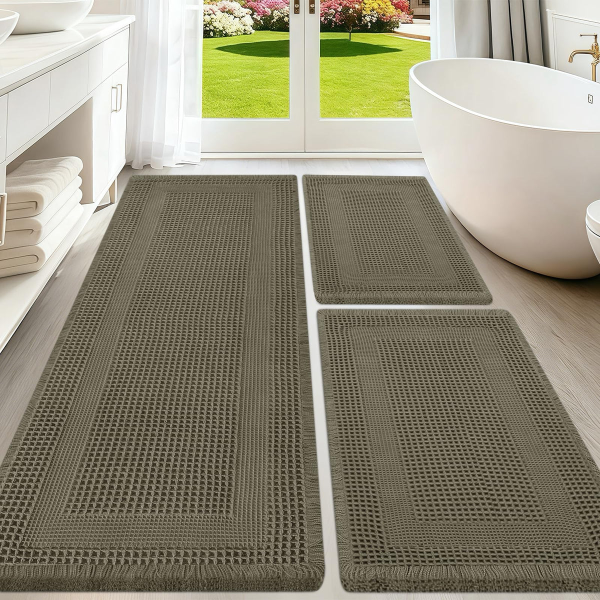 Upgraded Waffle Bath Mat Set 3 Piece Black-Looped, Super Absorbent Non-Slip Quick Dry Bathroom Rugs with Tassels, Machine Washable Ultra Soft Boho Bath Rugs for Floor, Toilet Mats Boho Farmhouse Decor
