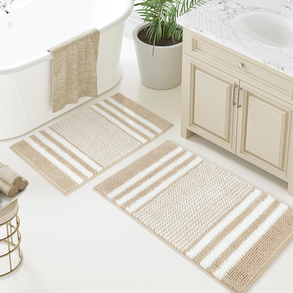 BSICPRO Bathroom Rugs Sets 2 Piece, Non Slip Striped Bath Mats, Aqua Green