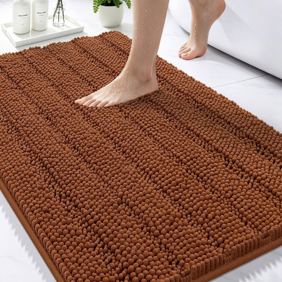 Bcoimo Small Bath Rug Mat,24x17 Chenille Non Slip Black Bathroom Floor Mats