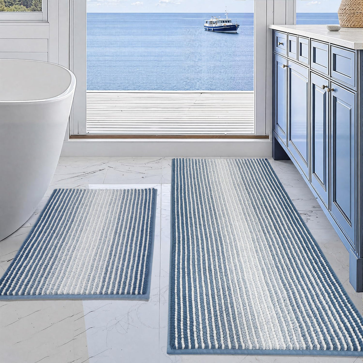 BSICPRO Bathroom Rugs Sets 2 Piece, Non Slip Striped Bath Mats, Aqua Green