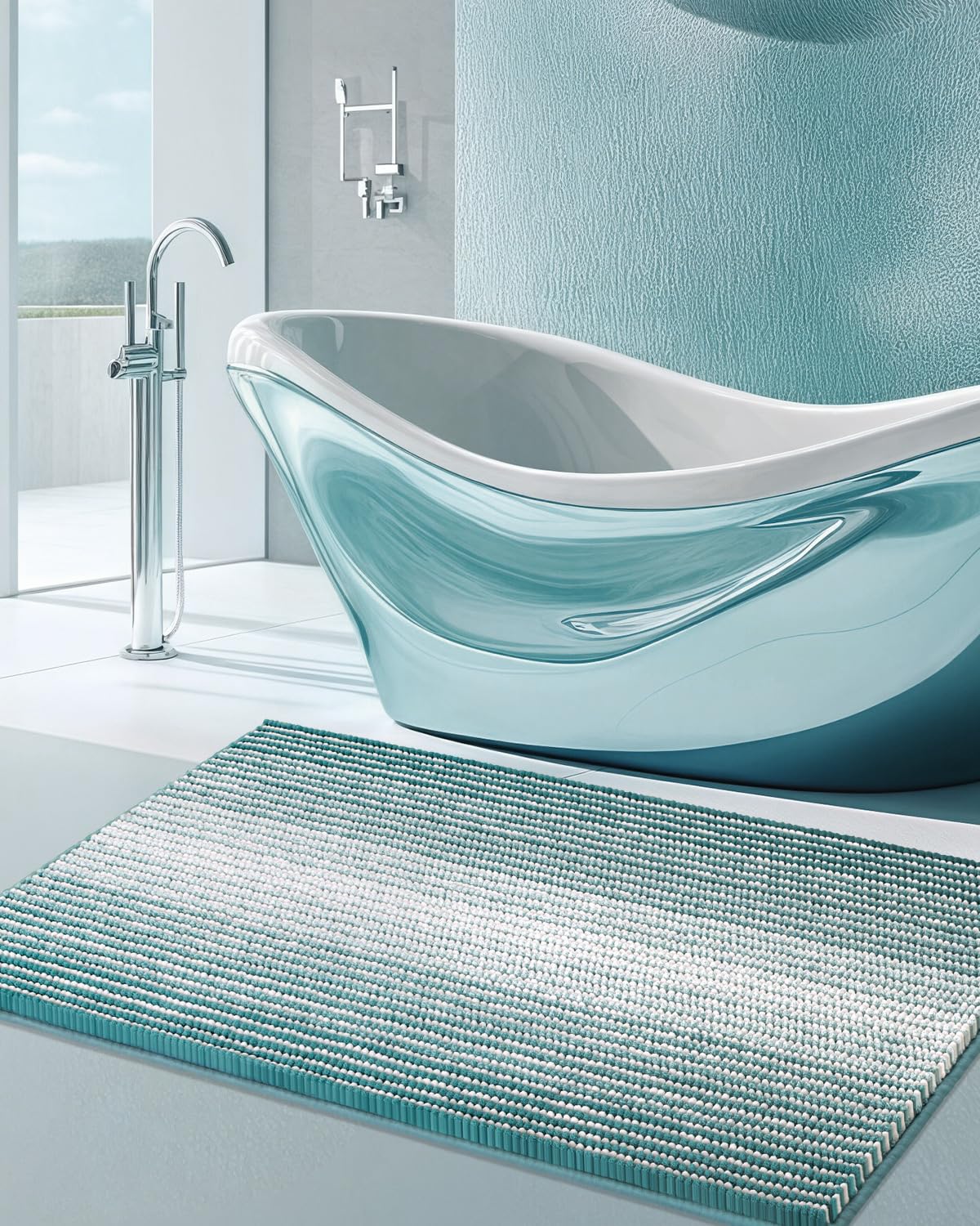BSICPRO Bathroom Rugs Sets 2 Piece, Non Slip Striped Bath Mats, Aqua Green