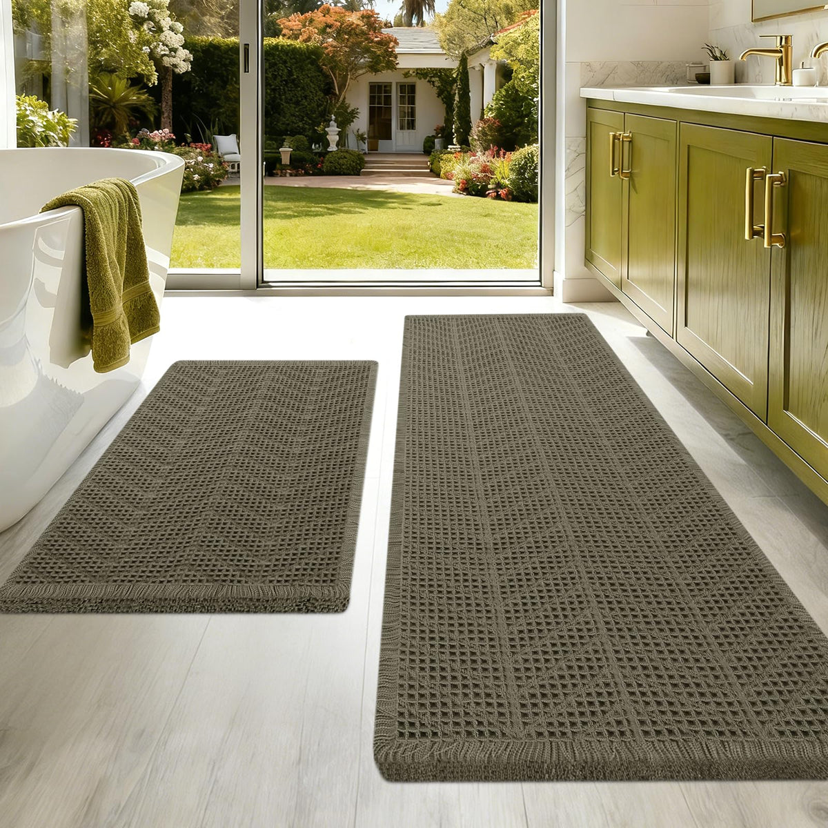 Upgraded Waffle Bath Mat Set 3 Piece Black-Looped, Super Absorbent Non-Slip Quick Dry Bathroom Rugs with Tassels, Machine Washable Ultra Soft Boho Bath Rugs for Floor, Toilet Mats Boho Farmhouse Decor