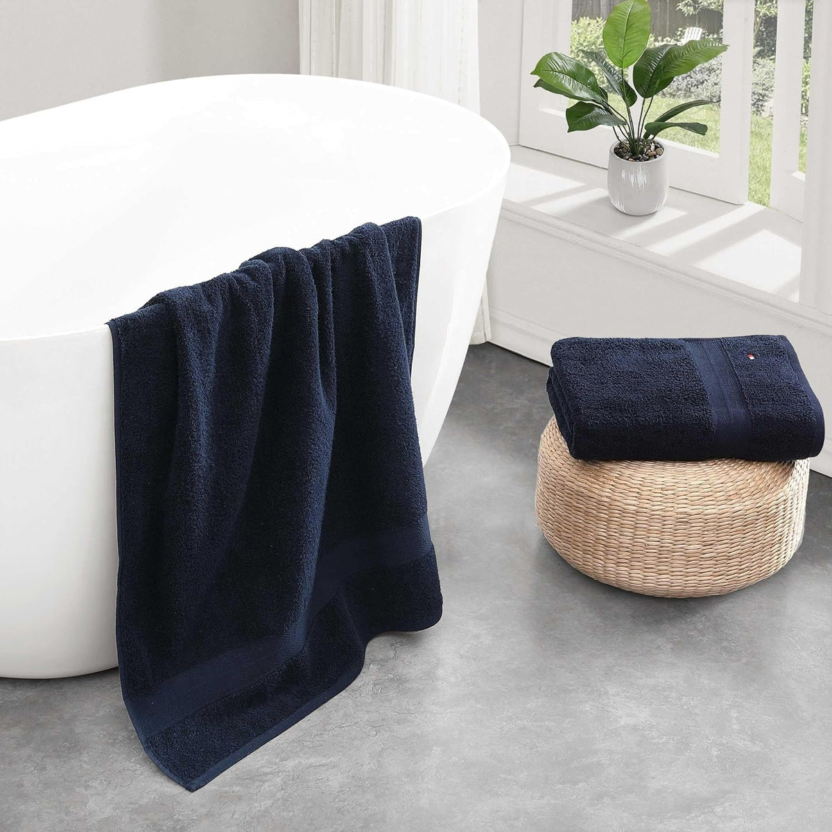 Tommy Hilfiger - Bath Towel Set, Absorbent Cotton Terry with Zero Twist, Medium Weight, Oeko-Tex Certified (Modern American Dark Blue, 2 Piece)
