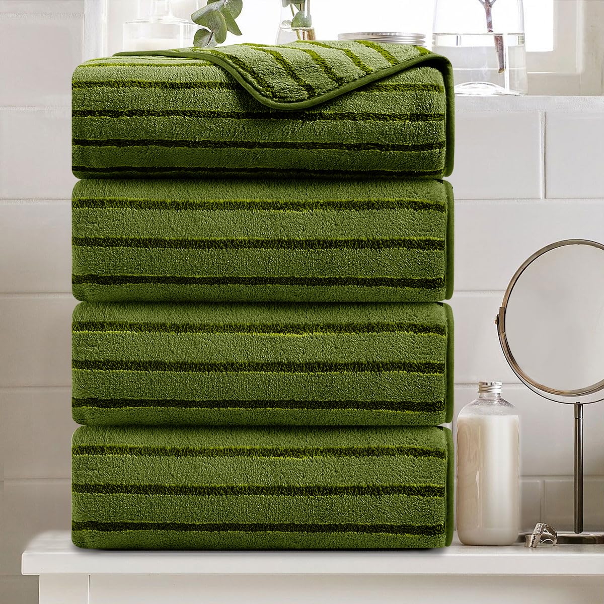 8 Pcs Brown Cabana Stripe Large Bath Towel Set-2 Bathroom Towels,2 Hand Towels,4 Washcloths Lightweight Soft Microfiber Bath Sheet Absorbent Shower Towel Quick Dry Beach Chair Spa Gym Hotel Towels