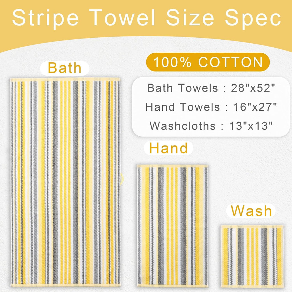 VOOVA & MOVAS Yellow Bathroom Towels 3 Pack, 100% Cotton, Gray Striped