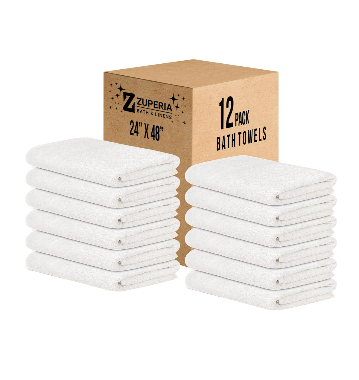 ZUPERIA White Bath Towels Bulk 12 Pack (20 x 40 Inches) - 100% Cotton Economy Light Weight Towels for Commercial Use - Quick Dry, Ultra-Soft, and Absorbent Bulk Towels
