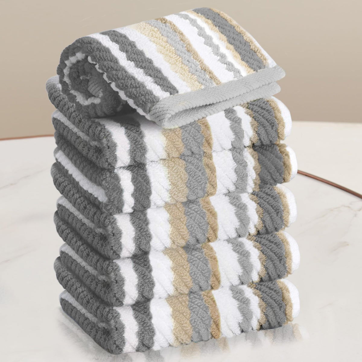 VOOVA & MOVAS Yellow Bathroom Towels 3 Pack, 100% Cotton, Gray Striped