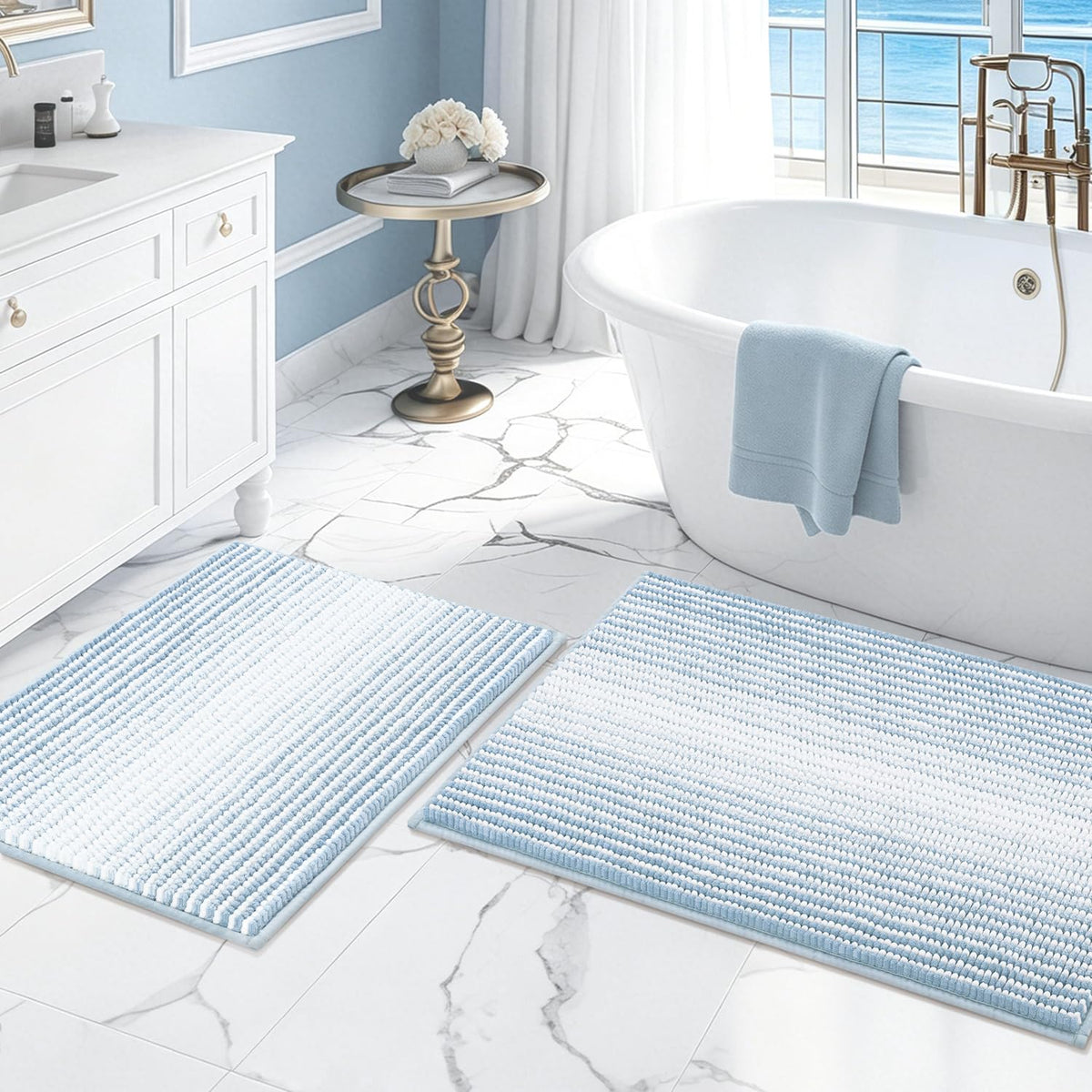 BSICPRO Bathroom Rugs Sets 2 Piece, Non Slip Boho Bath Mats, Beige