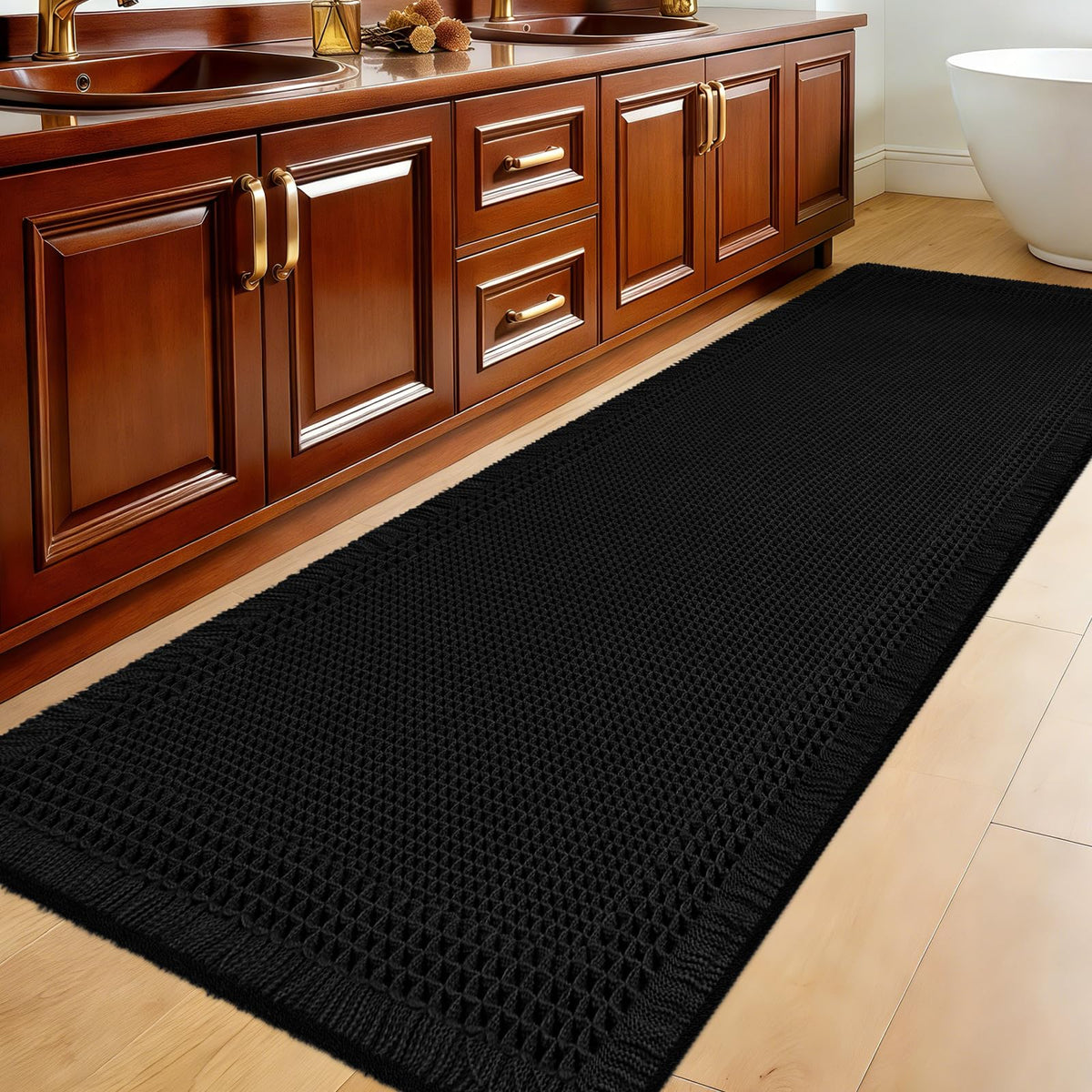 Upgraded Waffle Bath Mat Set 3 Piece Black-Looped, Super Absorbent Non-Slip Quick Dry Bathroom Rugs with Tassels, Machine Washable Ultra Soft Boho Bath Rugs for Floor, Toilet Mats Boho Farmhouse Decor