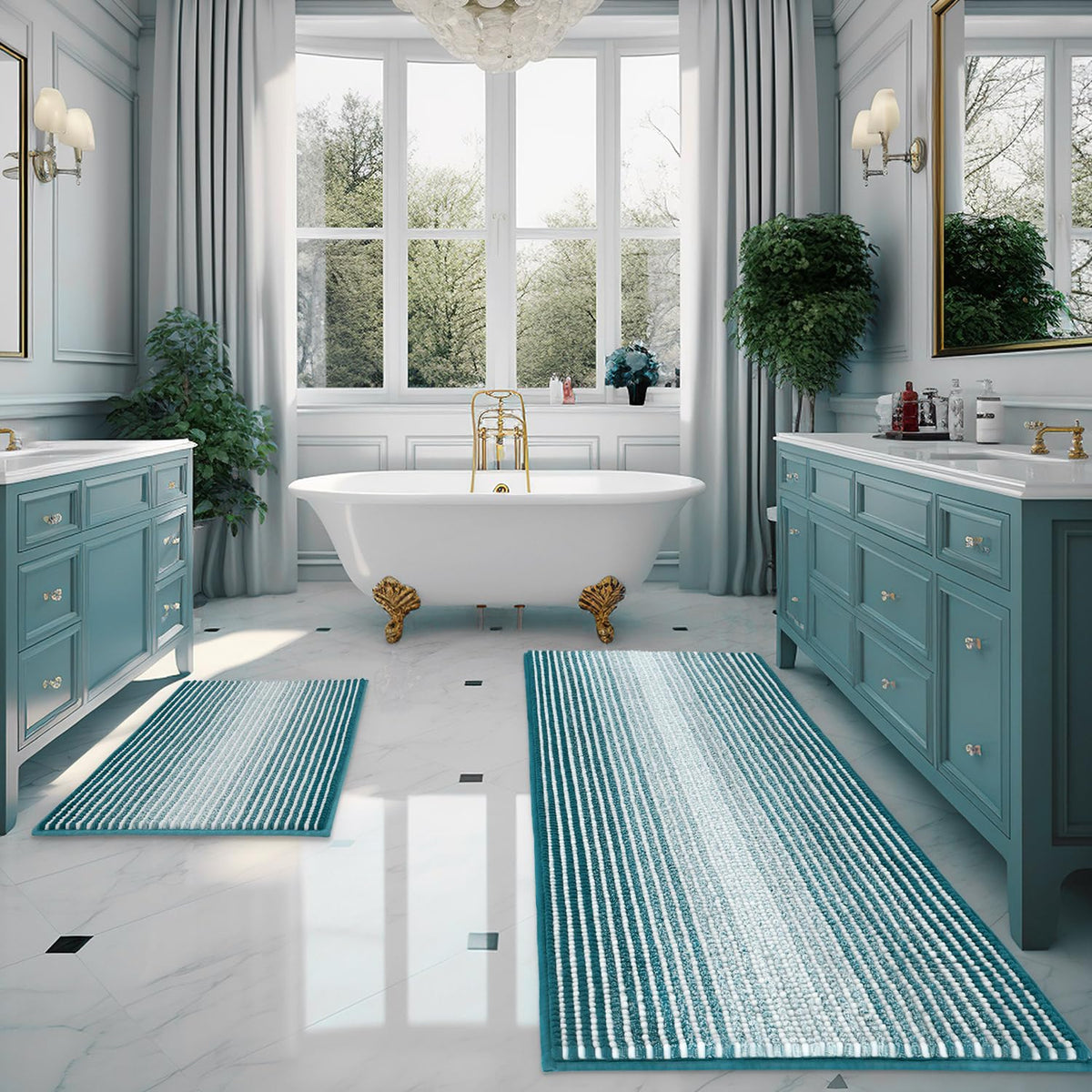 BSICPRO Bathroom Rugs Sets 2 Piece, Non Slip Striped Bath Mats, Aqua Green