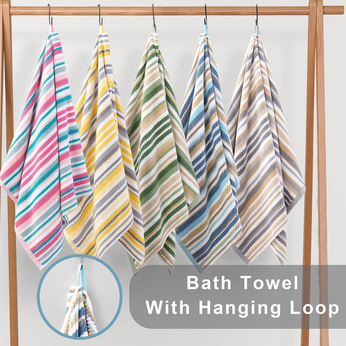 VOOVA & MOVAS Yellow Bathroom Towels 3 Pack, 100% Cotton, Gray Striped