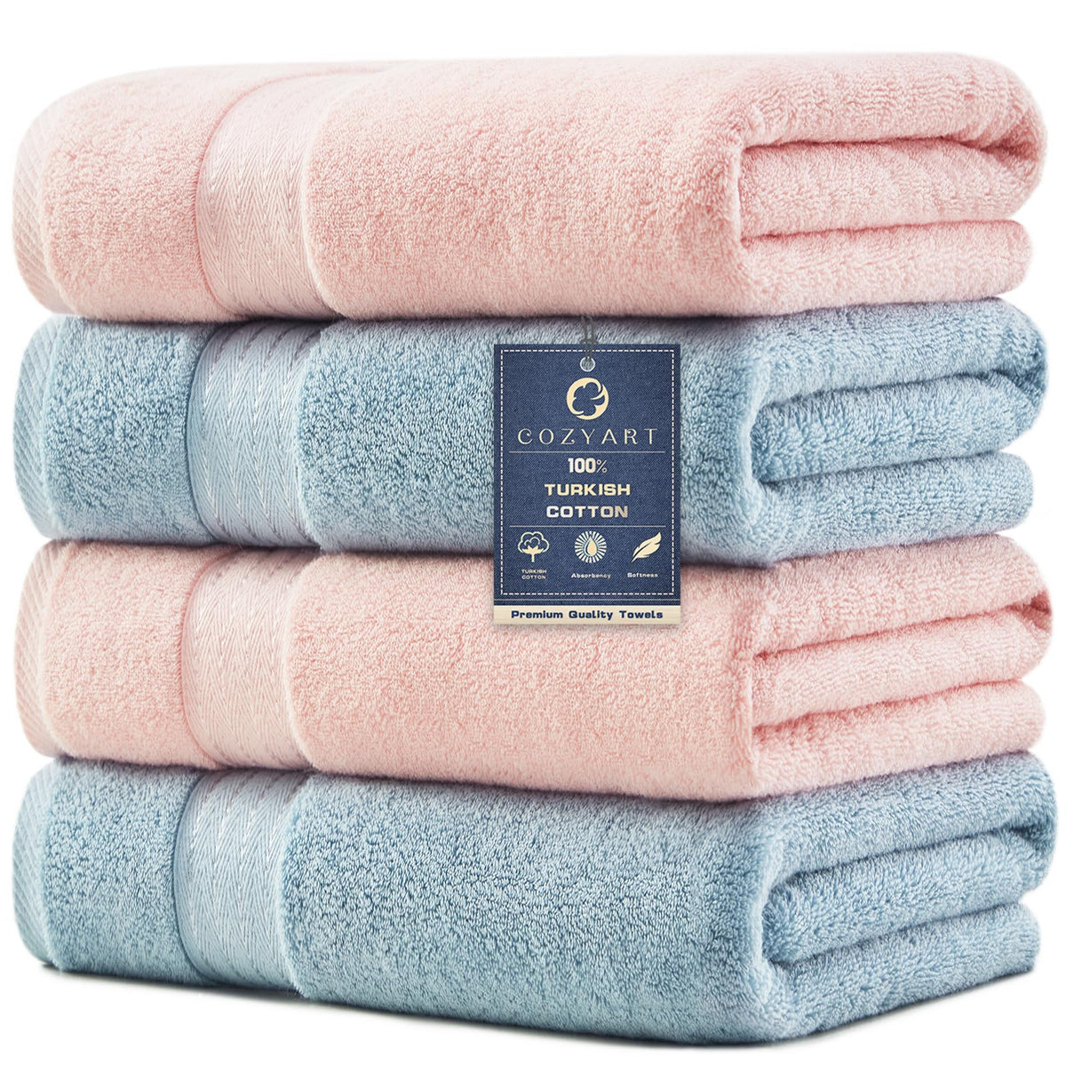 COZYART Luxury Bath Towels 4 PCS, 27x54 650 GSM Turkish Cotton, Light Blue