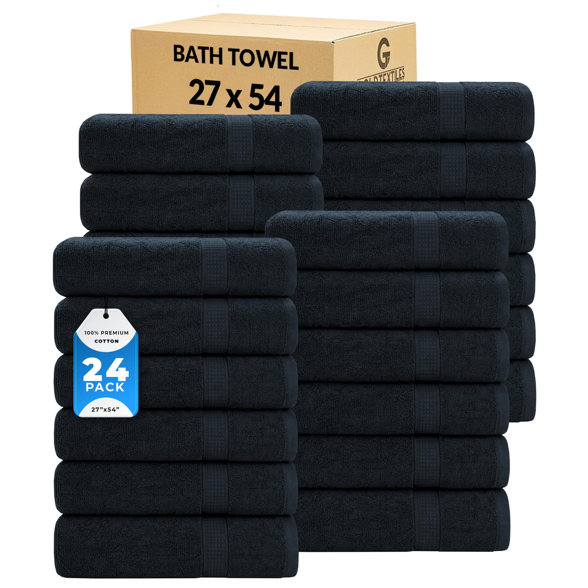 GOLD TEXTILES Premium Black Bath Mat - 2 Pack 22x34 Inches - Not a Bathroom Rug - 100% Ring Spun Cotton - Highly Absorbent & Non Slip Shower Bathroom Floor Mat Towel - Machine Washable