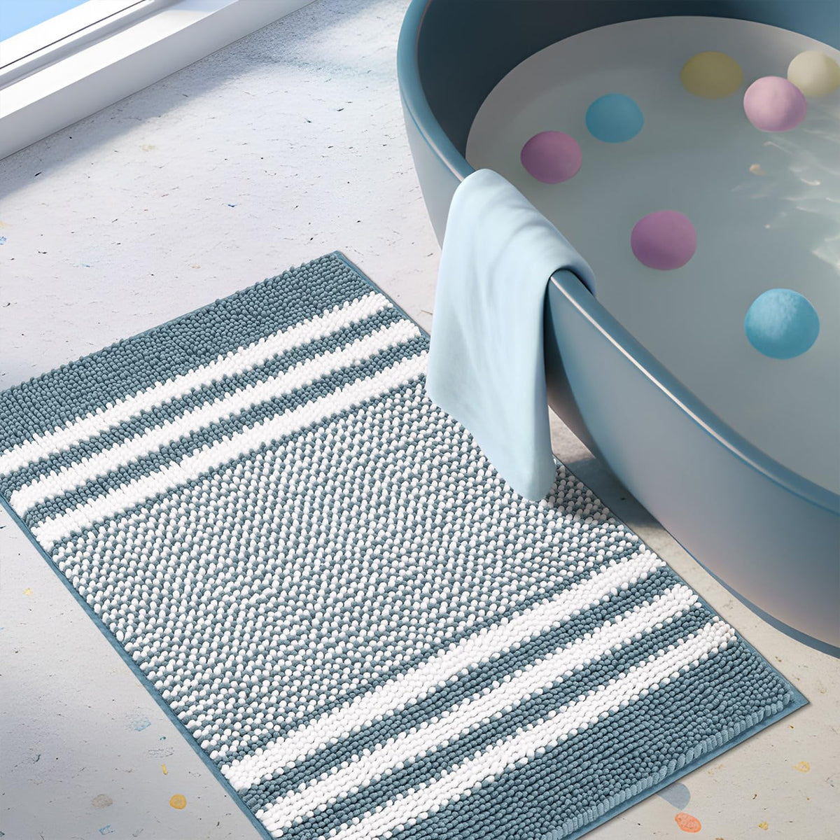 BSICPRO Bathroom Rugs Sets 2 Piece, Non Slip Striped Bath Mats, Aqua Green