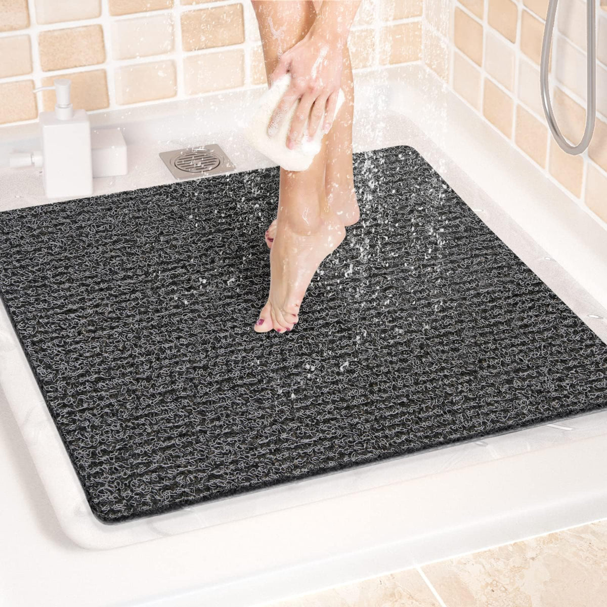 LuxStep Shower Mat Bathtub Mat,24x16 inch, Non-Slip Bath Mat with Drain, Quick Drying PVC Loofah Bathmat for Tub,Shower,Bathroom (Phthalate Free,Grey)