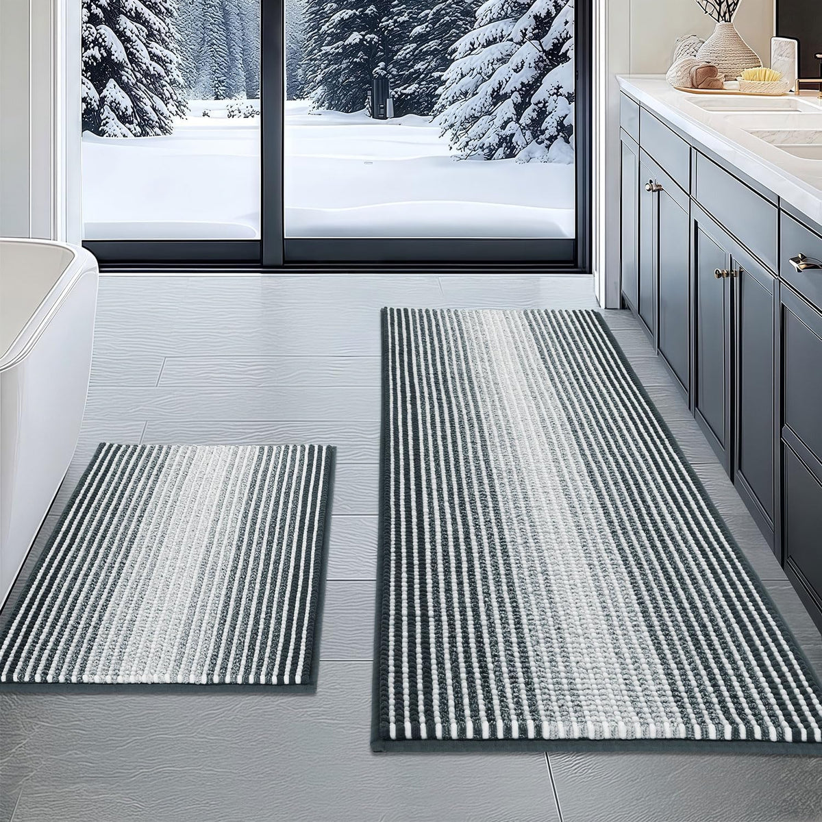 BSICPRO Bathroom Rugs Sets 2 Piece, Non Slip Striped Bath Mats, Aqua Green