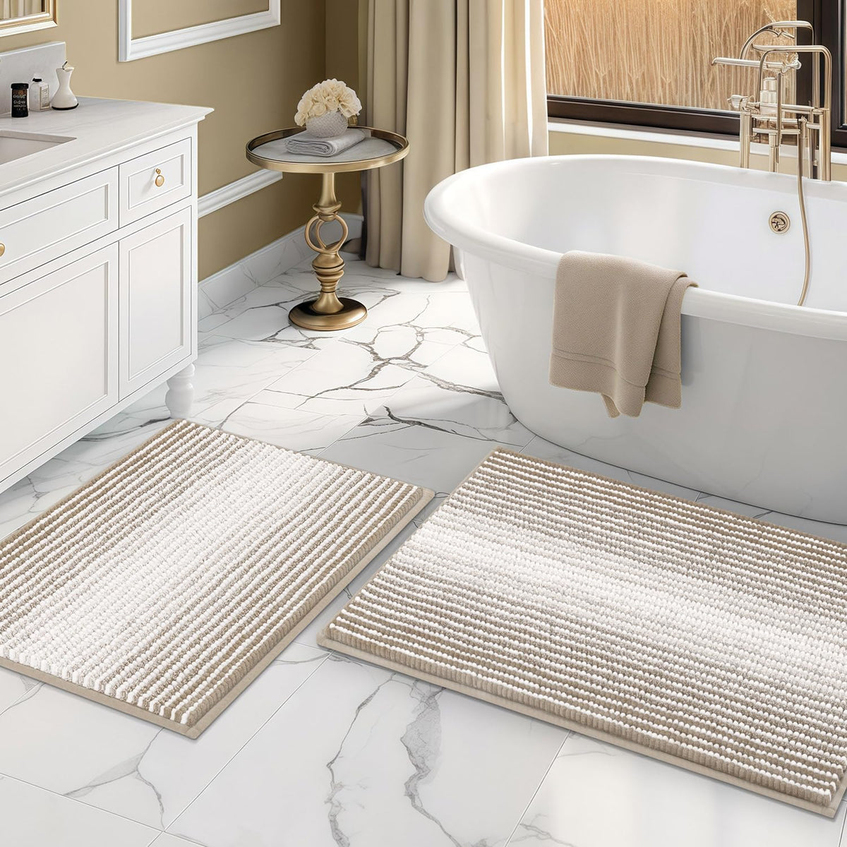 BSICPRO Bathroom Rugs Sets 2 Piece, Non Slip Boho Bath Mats, Beige