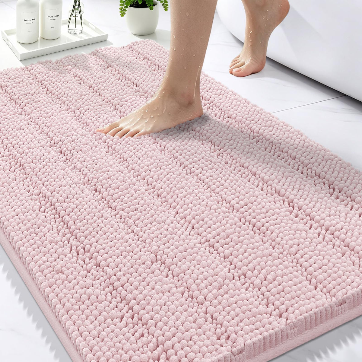 Bcoimo Small Bath Rug Mat,24x17 Chenille Non Slip Black Bathroom Floor Mats