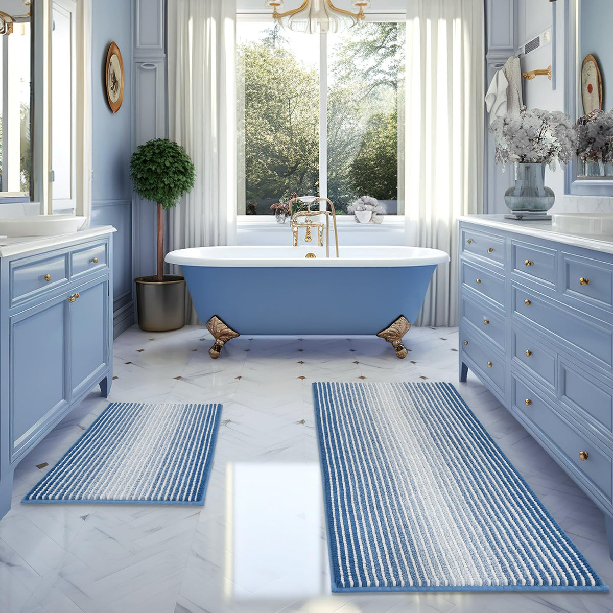 BSICPRO Bathroom Rugs Sets 2 Piece, Non Slip Striped Bath Mats, Aqua Green