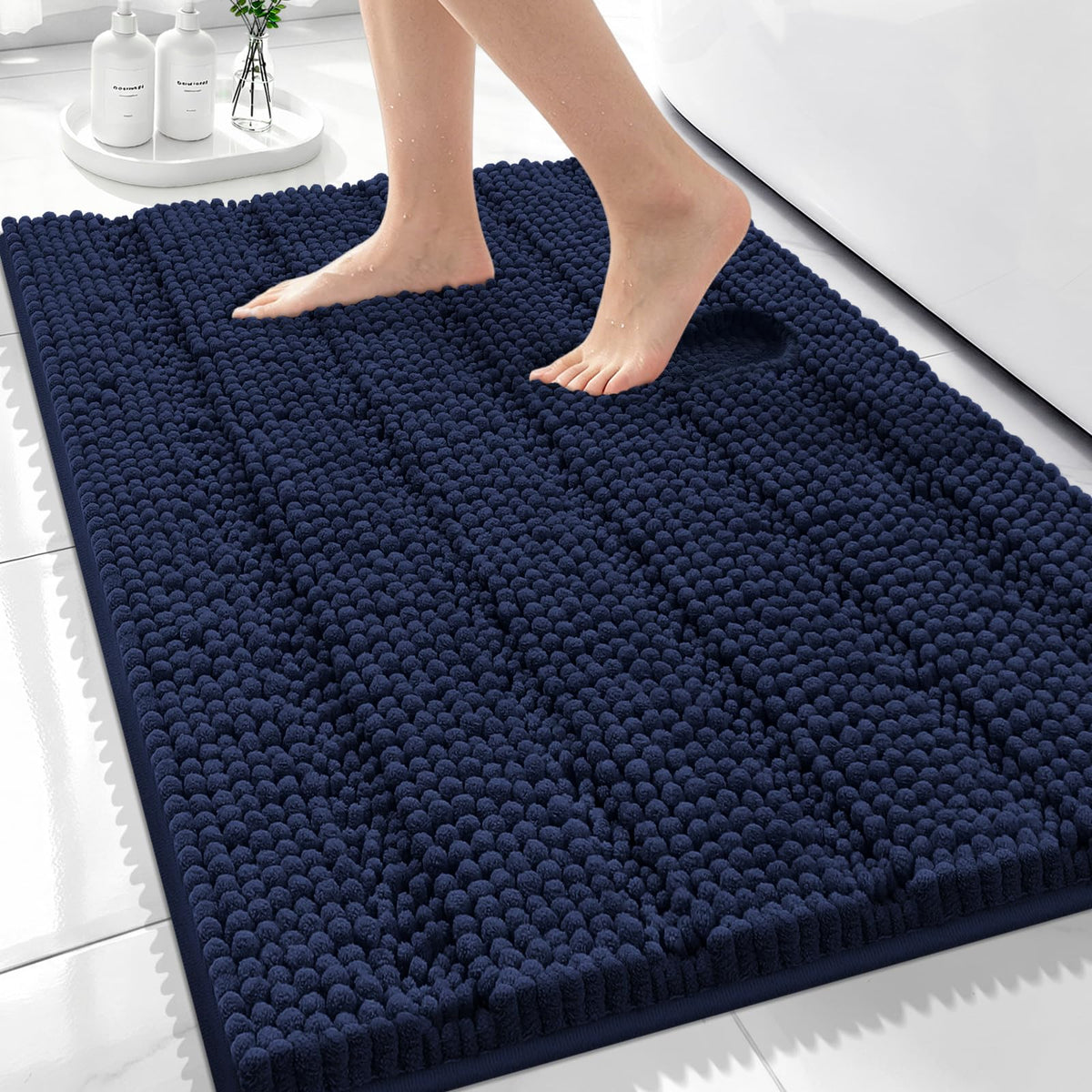Bcoimo Small Bath Rug Mat,24x17 Chenille Non Slip Black Bathroom Floor Mats