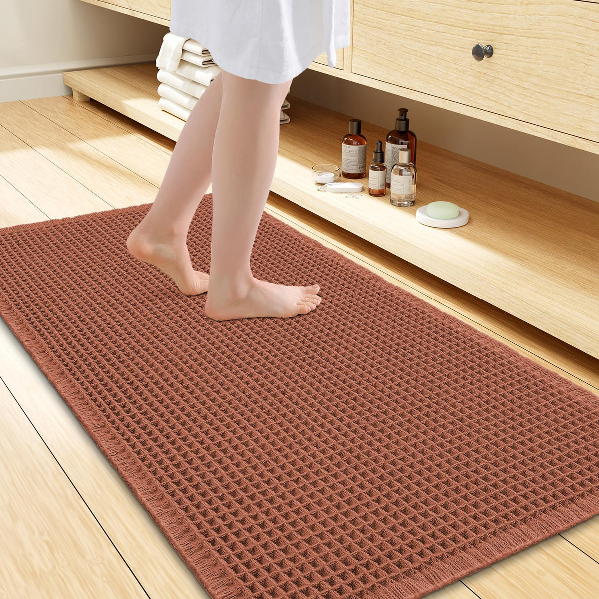 Smiry Waffle Bath Mat 30X20, Extra Soft Absorbent Bathroom Rugs, Brown
