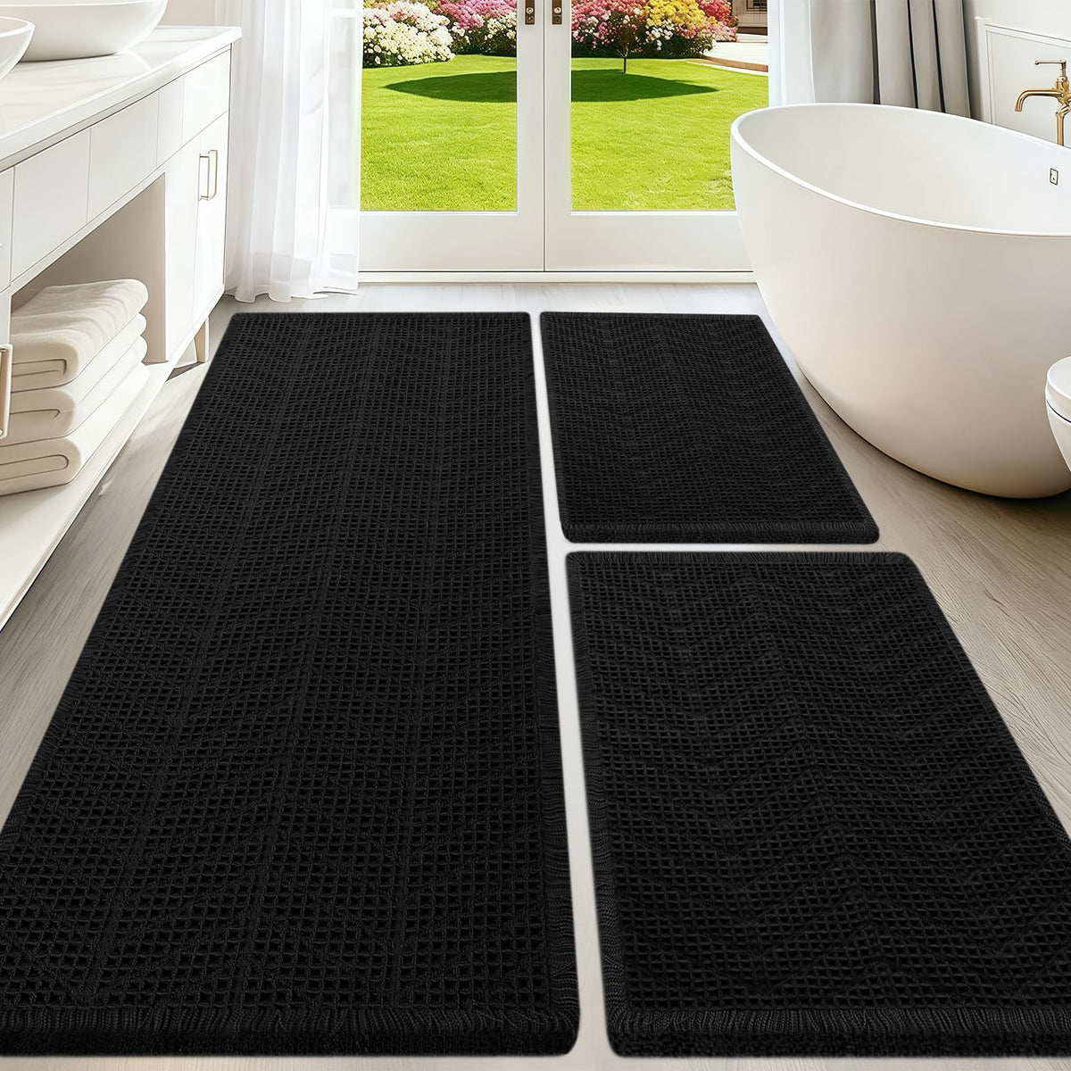 Upgraded Waffle Bath Mat Set 3 Piece Black-Looped, Super Absorbent Non-Slip Quick Dry Bathroom Rugs with Tassels, Machine Washable Ultra Soft Boho Bath Rugs for Floor, Toilet Mats Boho Farmhouse Decor