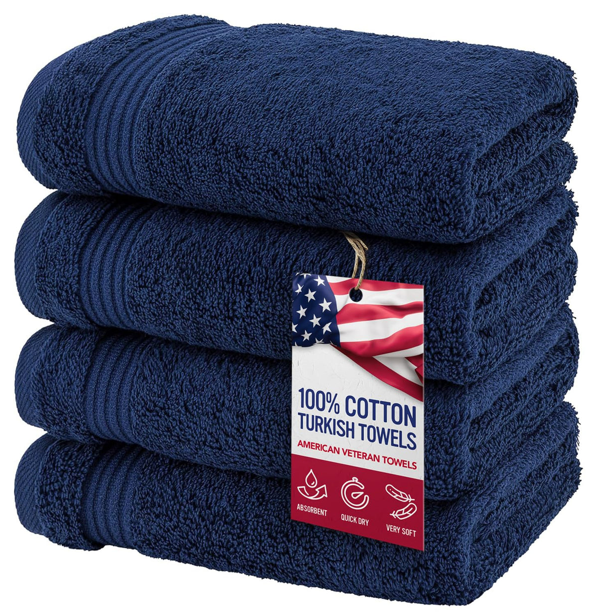 American Veteran Towel, 100% Cotton Turkish Bath Towels for Bathroom 4 Pack, 27x54 Extra Large Premium Soft Drying Bathroom Towels, Navy Blue