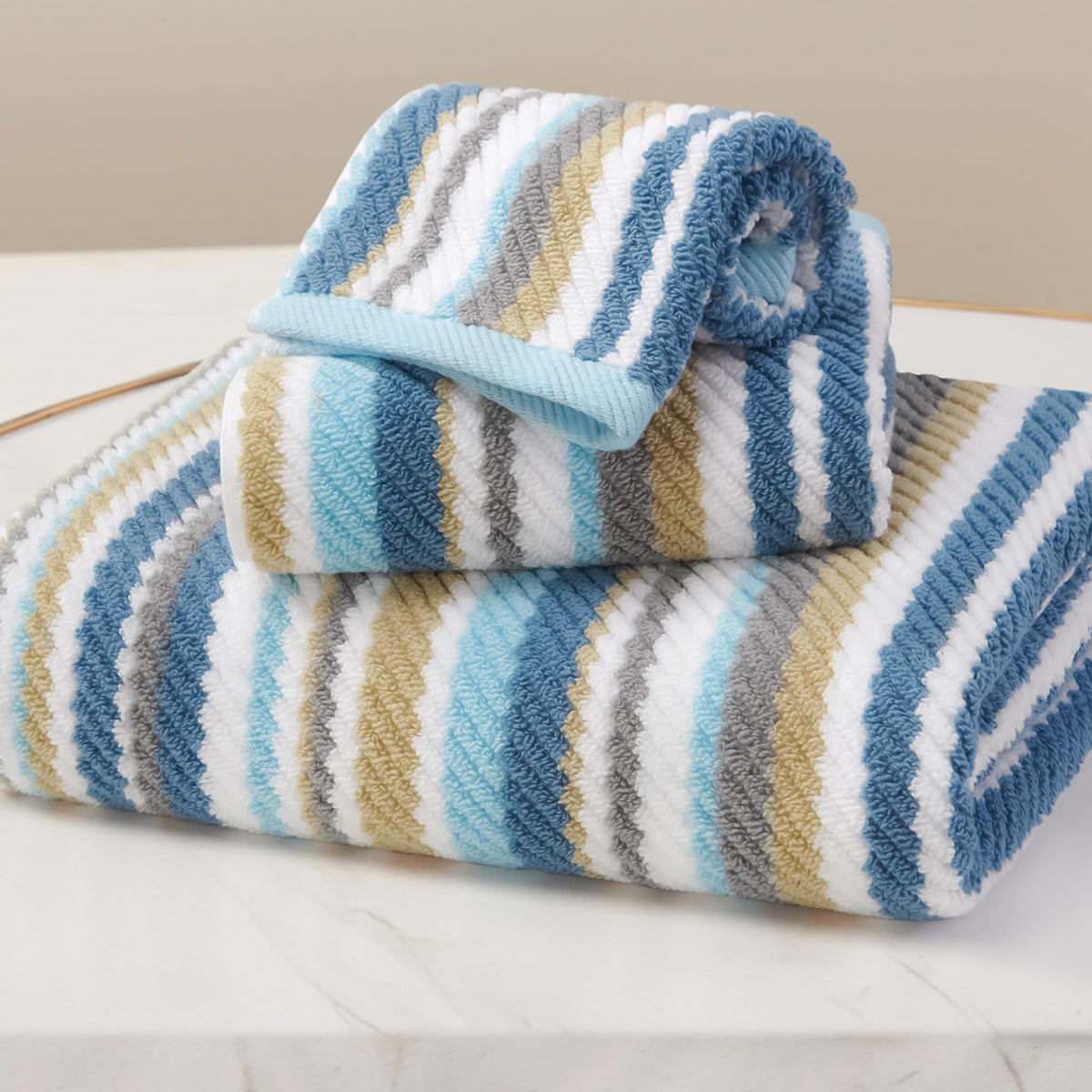 VOOVA & MOVAS Yellow Bathroom Towels 3 Pack, 100% Cotton, Gray Striped