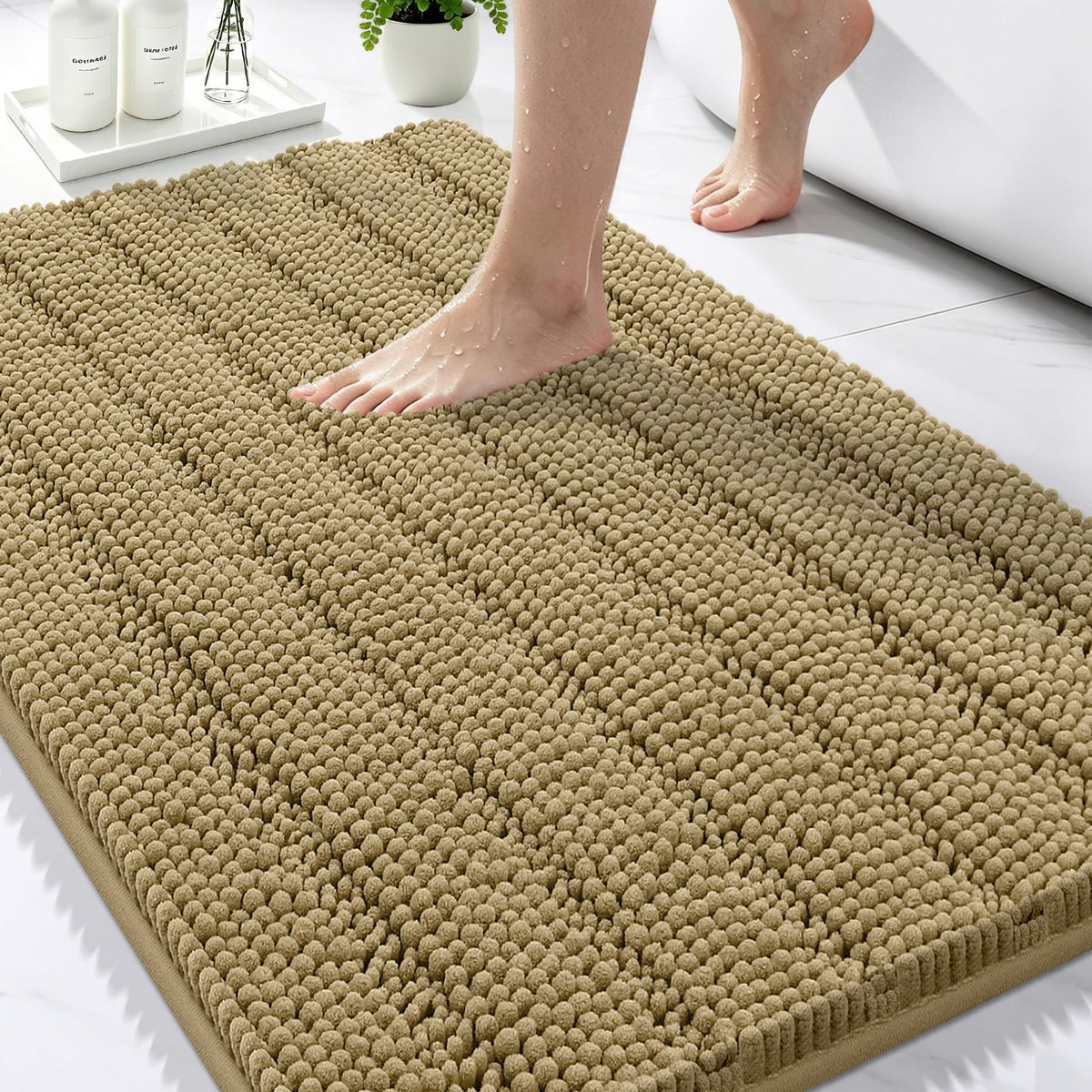 Bcoimo Small Bath Rug Mat,24x17 Chenille Non Slip Black Bathroom Floor Mats