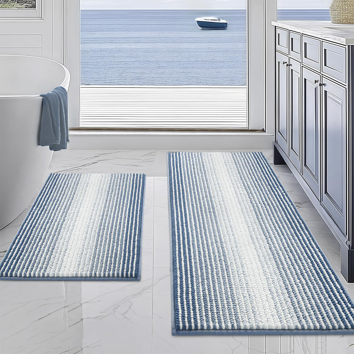 BSICPRO Bathroom Rugs Sets 2 Piece, Non Slip Striped Bath Mats, Aqua Green