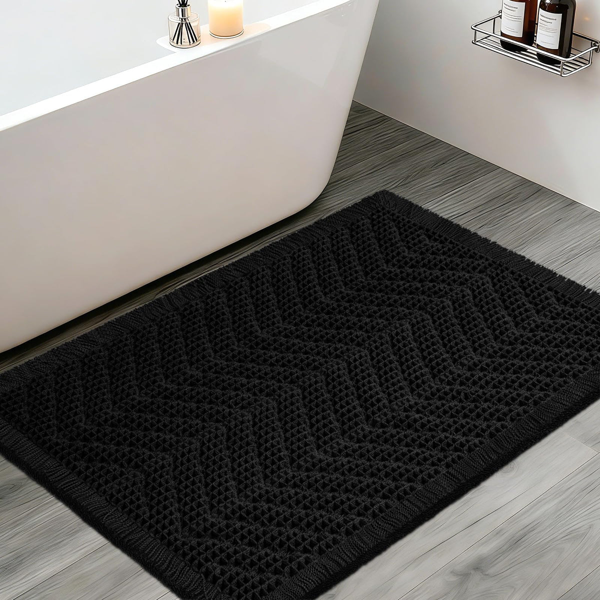 Upgraded Waffle Bath Mat Set 3 Piece Black-Looped, Super Absorbent Non-Slip Quick Dry Bathroom Rugs with Tassels, Machine Washable Ultra Soft Boho Bath Rugs for Floor, Toilet Mats Boho Farmhouse Decor