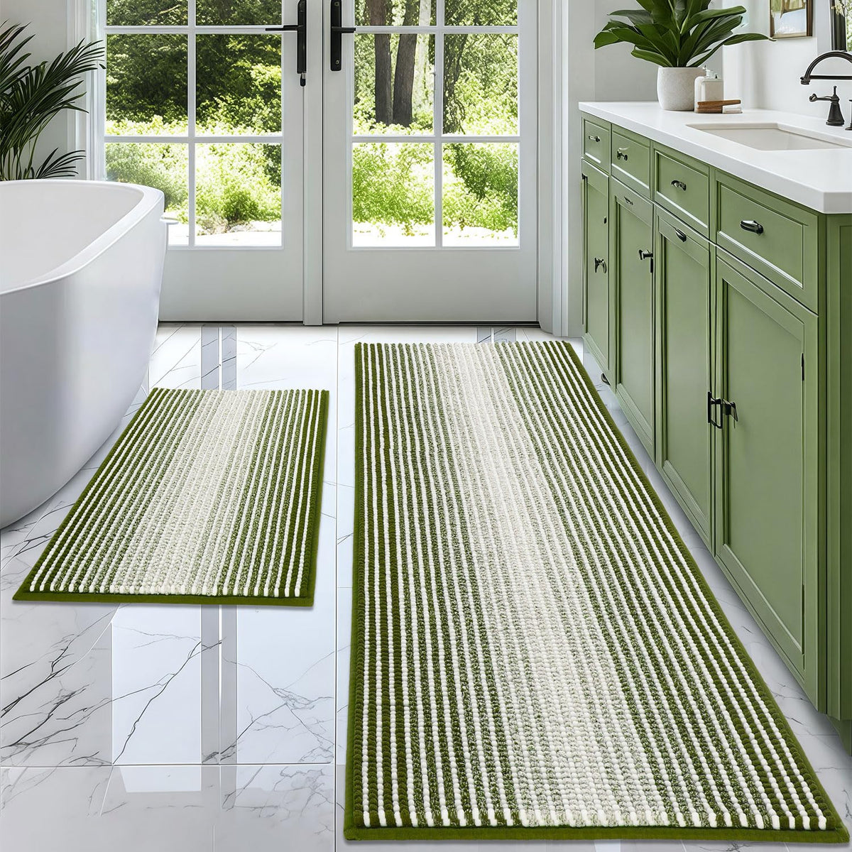 BSICPRO Bathroom Rugs Sets 2 Piece, Non Slip Striped Bath Mats, Aqua Green