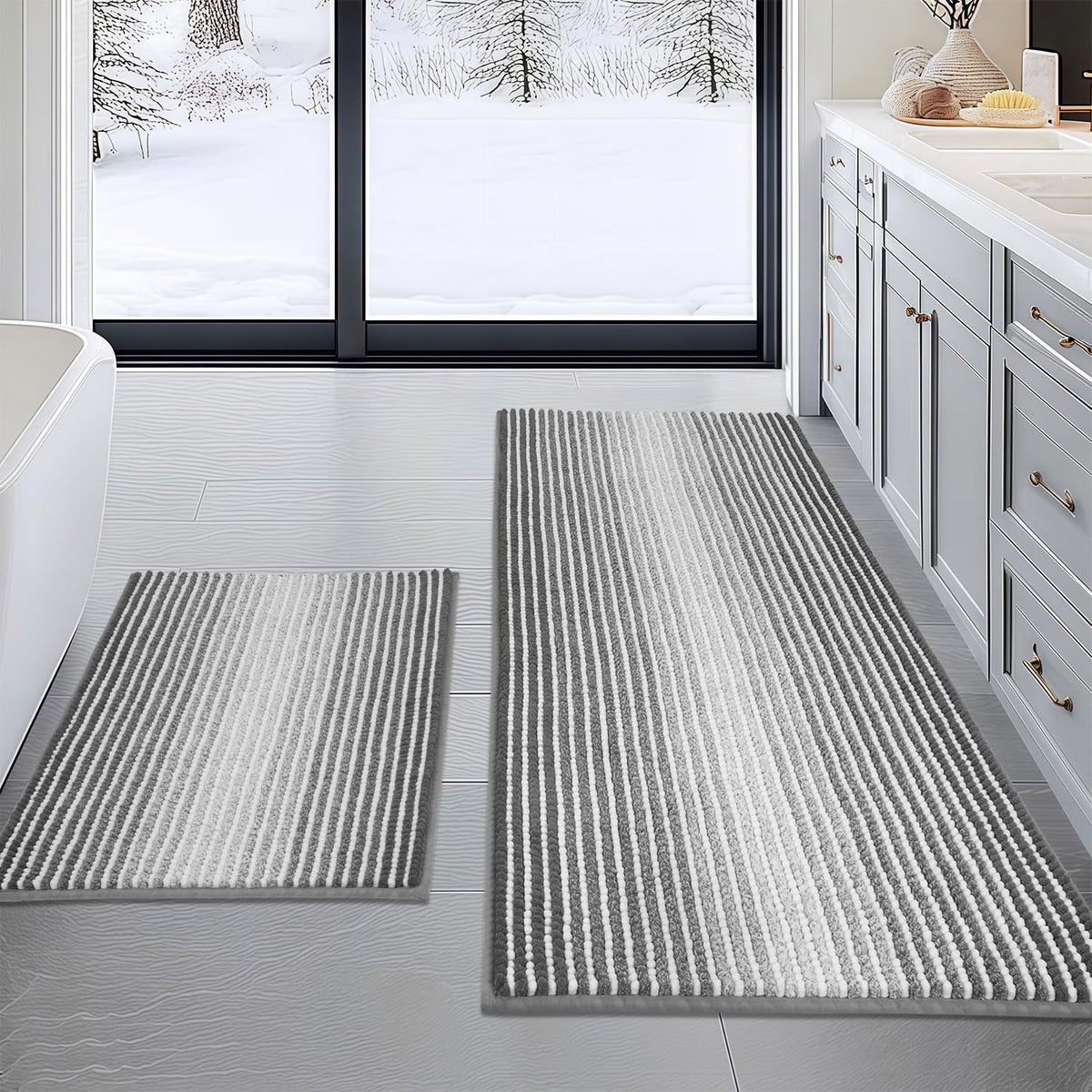 BSICPRO Bathroom Rugs Sets 2 Piece, Non Slip Striped Bath Mats, Aqua Green
