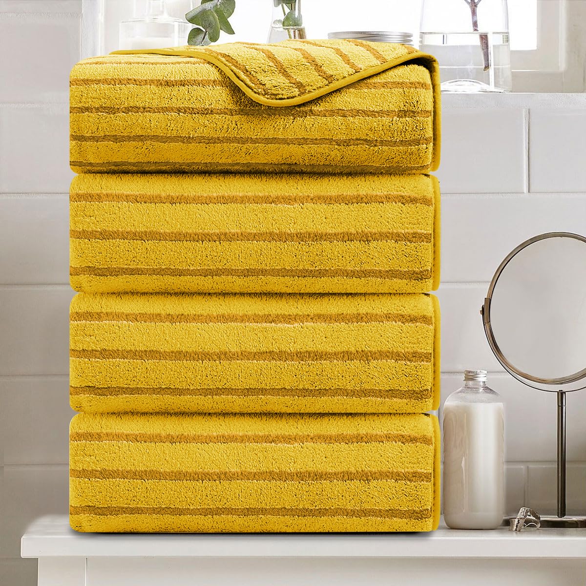 8 Pcs Brown Cabana Stripe Large Bath Towel Set-2 Bathroom Towels,2 Hand Towels,4 Washcloths Lightweight Soft Microfiber Bath Sheet Absorbent Shower Towel Quick Dry Beach Chair Spa Gym Hotel Towels