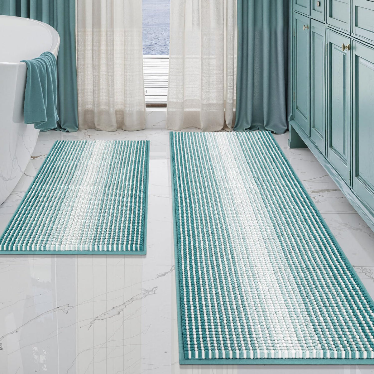 BSICPRO Bathroom Rugs Sets 2 Piece, Non Slip Striped Bath Mats, Aqua Green