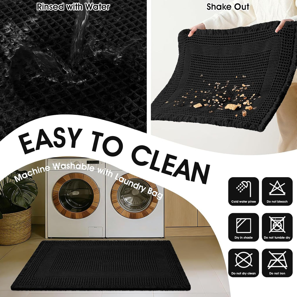 Upgraded Waffle Bath Mat Set 3 Piece Black-Looped, Super Absorbent Non-Slip Quick Dry Bathroom Rugs with Tassels, Machine Washable Ultra Soft Boho Bath Rugs for Floor, Toilet Mats Boho Farmhouse Decor