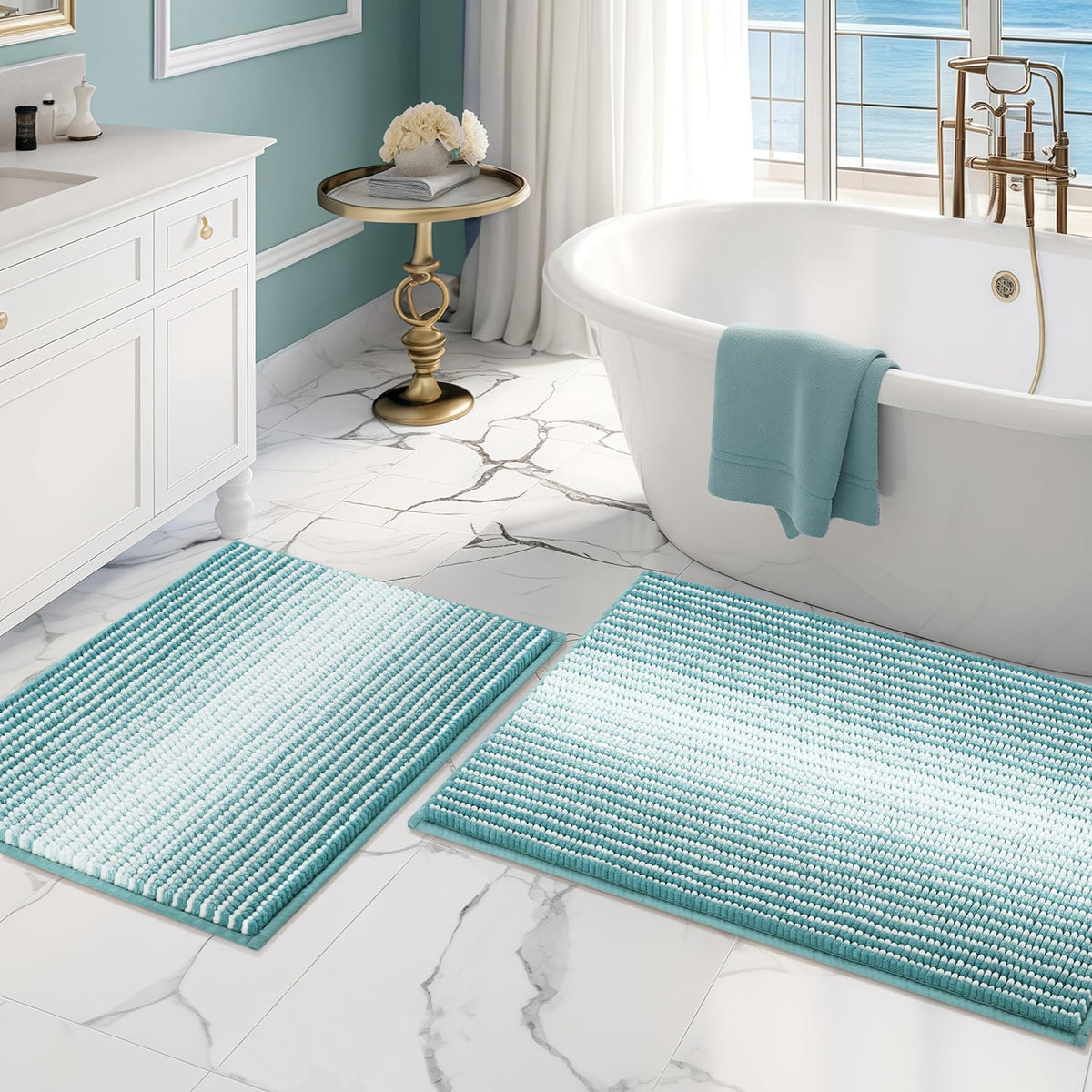 BSICPRO Bathroom Rugs Sets 2 Piece, Non Slip Boho Bath Mats, Beige