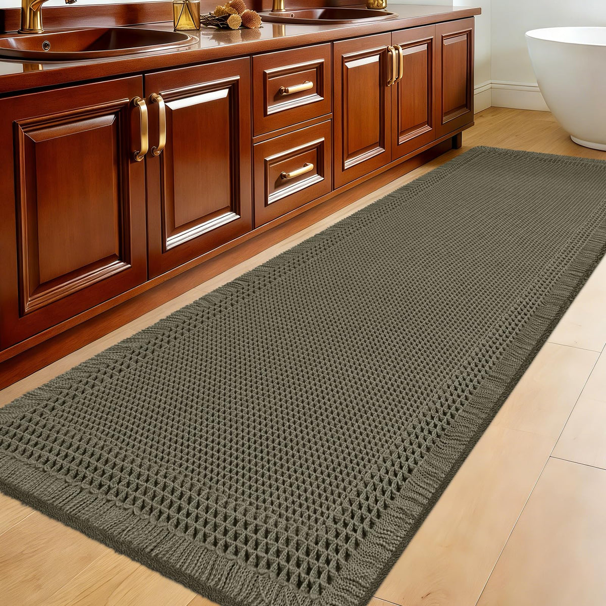 Upgraded Waffle Bath Mat Set 3 Piece Black-Looped, Super Absorbent Non-Slip Quick Dry Bathroom Rugs with Tassels, Machine Washable Ultra Soft Boho Bath Rugs for Floor, Toilet Mats Boho Farmhouse Decor