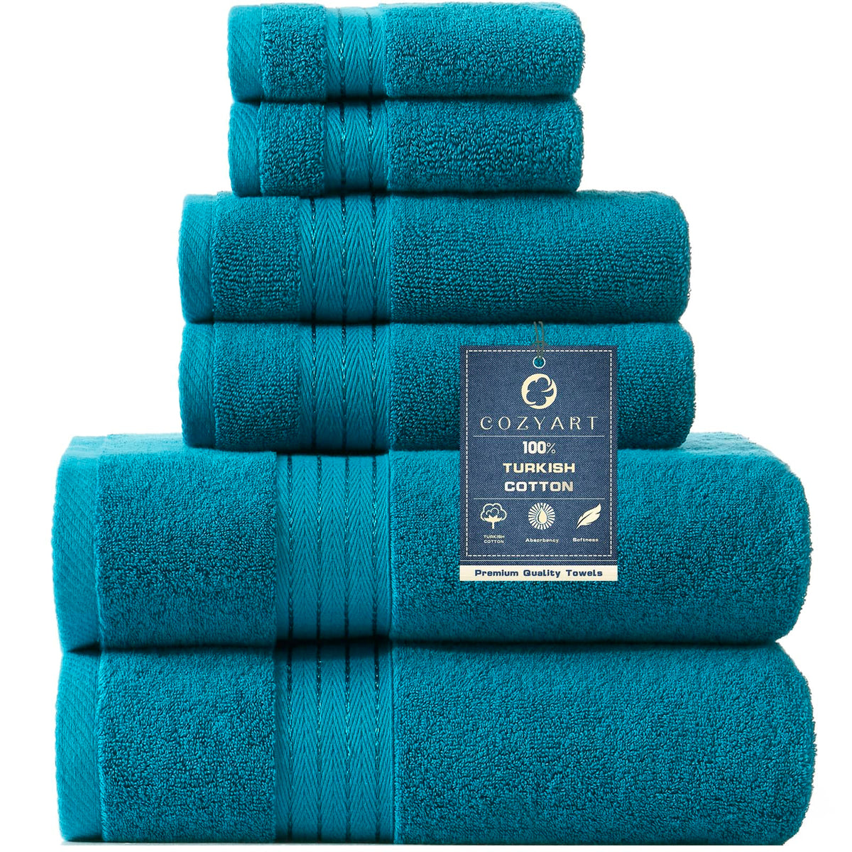 COZYART Luxury Bath Towel Set 6 Pcs, Dark Green 100% Turkish Cotton 650 GSM